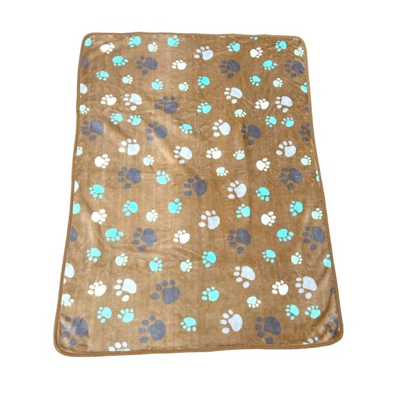 Dog Blanket Brown Tan Paw Print Soft Piping Edge  31”x 41” Blue Turquoise Grey - Picture 1 of 10